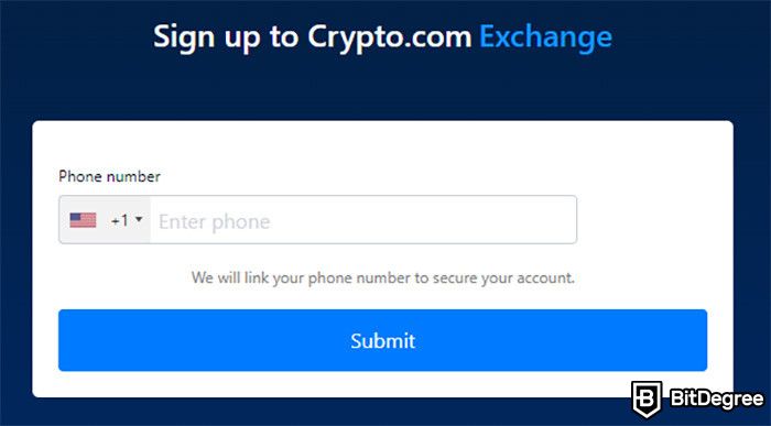 How to Sell Crypto on Crypto.com: The phone number verification page on the Crypto.com exchange.