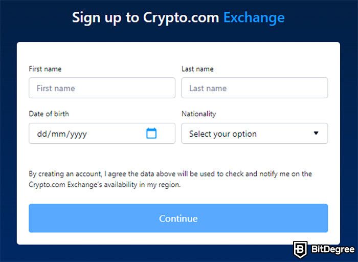 How to Sell Crypto on Crypto.com: The sign up page on the Crypto.com exchange.