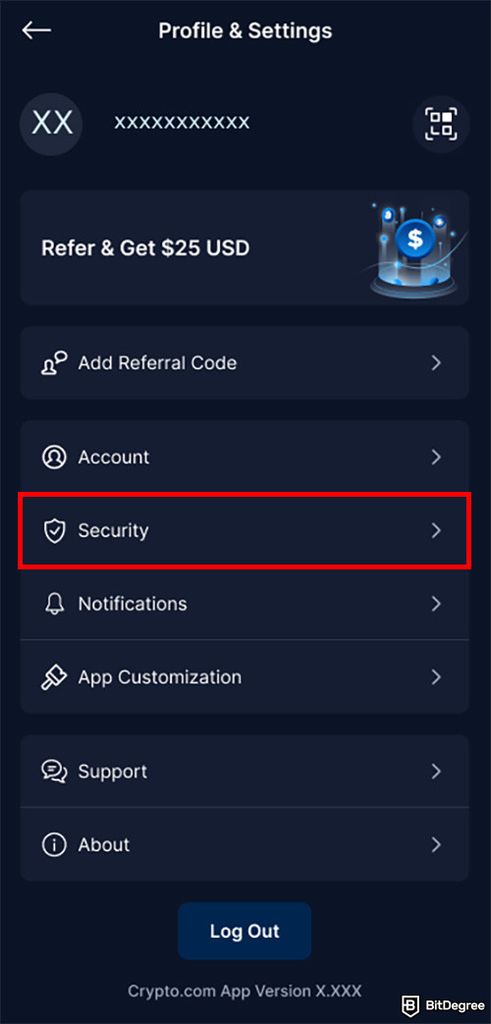 How to sell crypto on Crypto.com: The Settings page on the Crypto.com App.