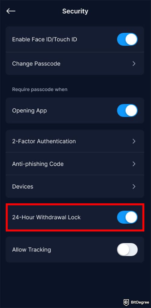 How to sell crypto on Crypto.com: The 24-Hour Withdrawal Lock toggle on the Crypto.com App.