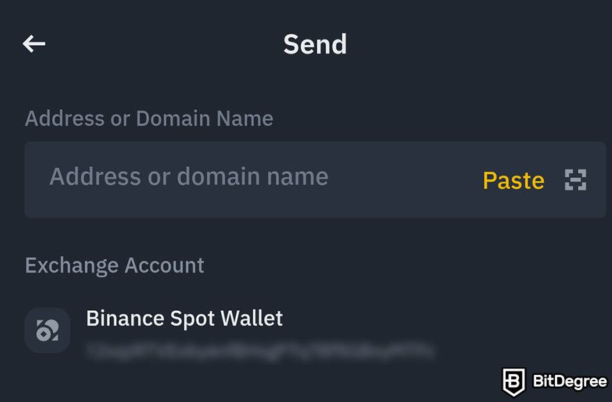 How to send Bitcoin to another wallet: the text box for wallet address when sending BTC on Binance Web3 Wallet.