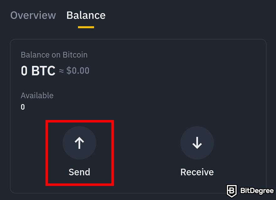 Como enviar Bitcoin para outra carteira: o botão Enviar na página BTC na Binance Web3 Wallet.