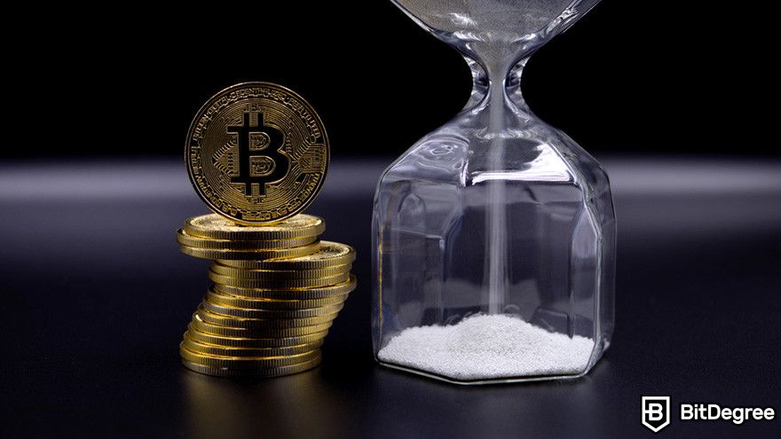 How to send Bitcoin to another wallet: a stack of gold BTC coins beside an hourglass.