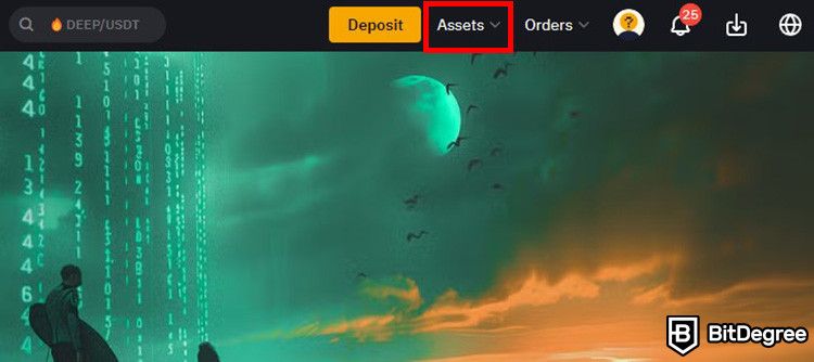 Como enviar Bitcoin para outra carteira: o menu Ativos na página inicial da Bybit.