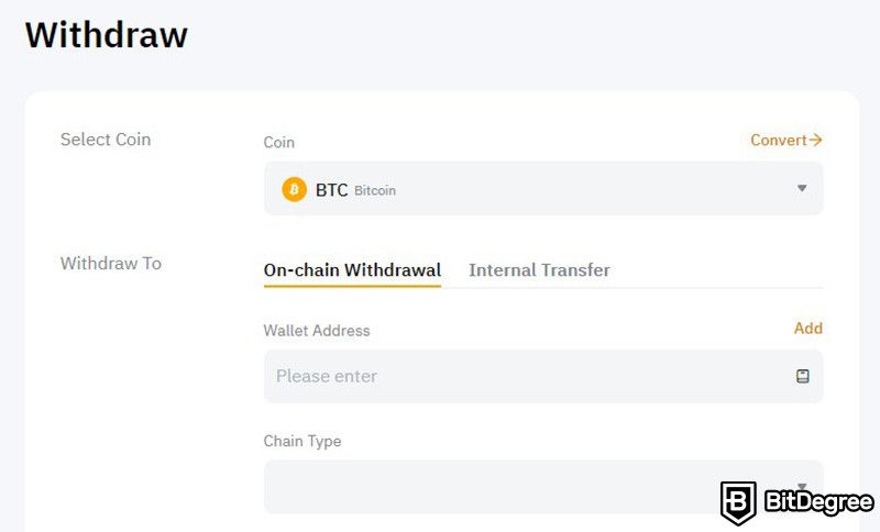 How to send Bitcoin to another wallet: the form for withdrawing BTC on Bybit.