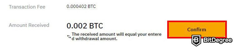 How to send Bitcoin to another wallet: the transaction fee and amount received when withdrawing BTC from Bybit with the confirm button highlighted.