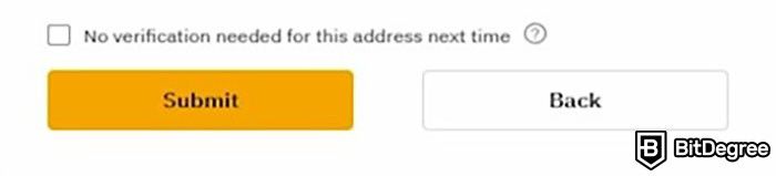 How to send Bitcoin to another wallet: the Submit and Back button when verifying BTC withdrawal on Bybit.