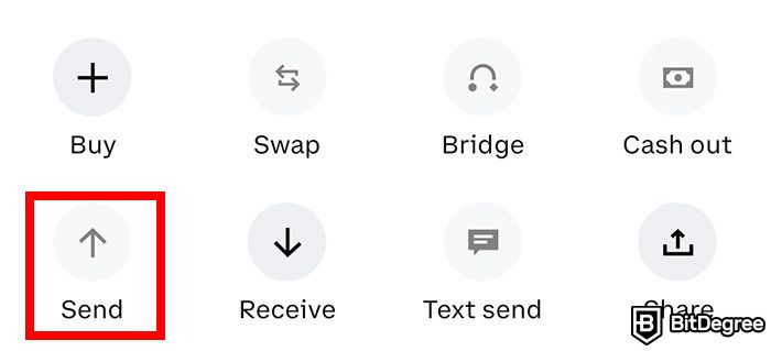 How to send Bitcoin to another wallet: the options for BTC on the Coinbase Wallet app, with the Send button highlighted.