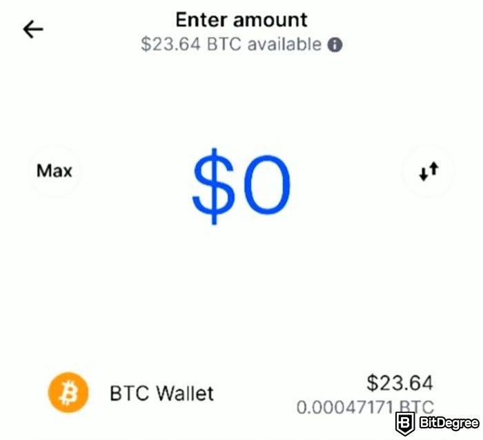 Como enviar Bitcoin para outra carteira: a tela Insira o valor ao transferir BTC usando a Coinbase Wallet.