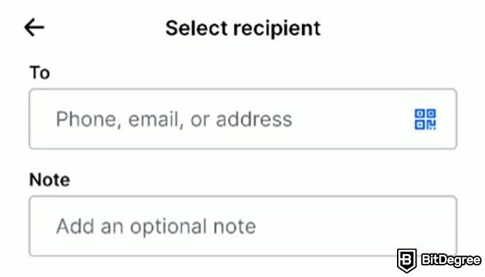 How to send Bitcoin to another wallet: the boxes to add a new recepient's address on the Coinbase Wallet app.