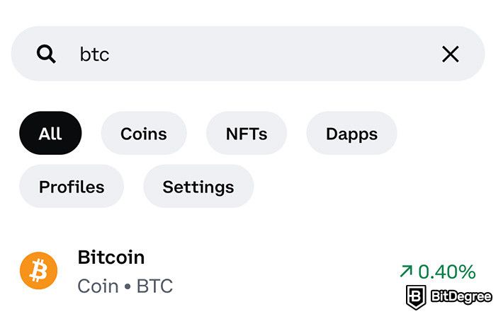 How to send Bitcoin to another wallet: the search result for BTC on the Coinbase Wallet app.