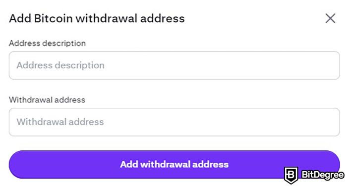 How to send Bitcoin to another wallet: the popup window for adding a Bitcoin withdrawal address to Kraken.