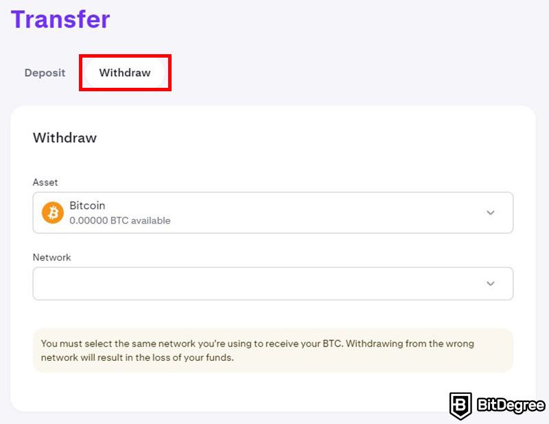 How to send Bitcoin to another wallet: the Transfer page on Kraken's user dashboard with the Withdraw button highlighted.