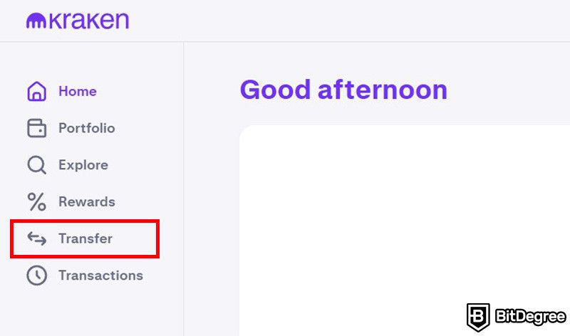How to send Bitcoin to another wallet: Kraken's user dashboard interface with the Transfer button highlighted.