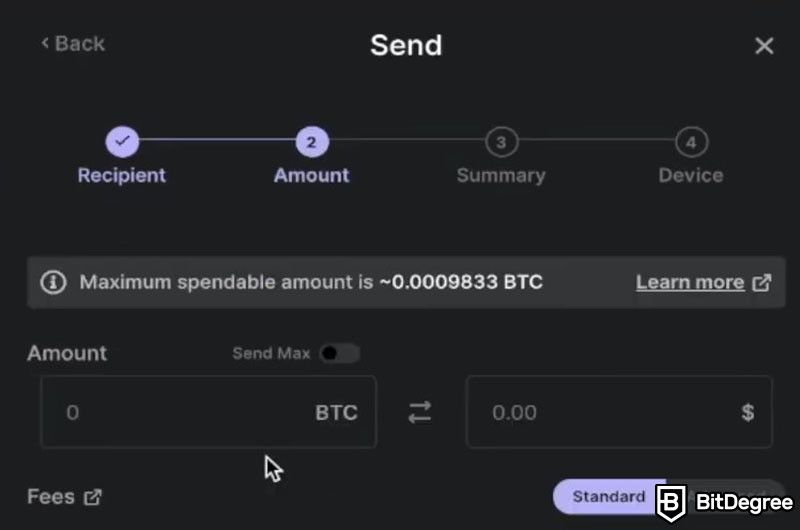 Como enviar Bitcoin para outra carteira: a caixa para inserir a quantidade de BTC a ser enviada no aplicativo Ledger Live.