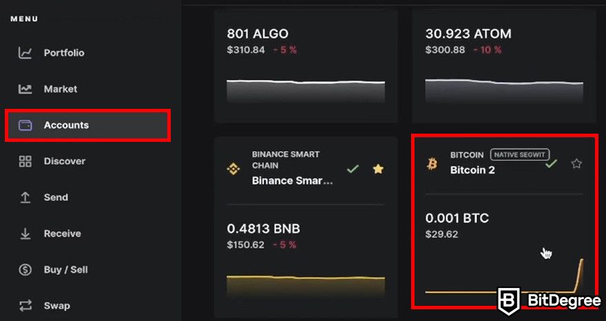 How to send Bitcoin to another wallet: the Ledger Live interface with the Accounts menu and a BTC account highlighted.