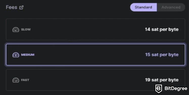 How to send Bitcoin to another wallet: the transfer fee options on Ledger Live app.