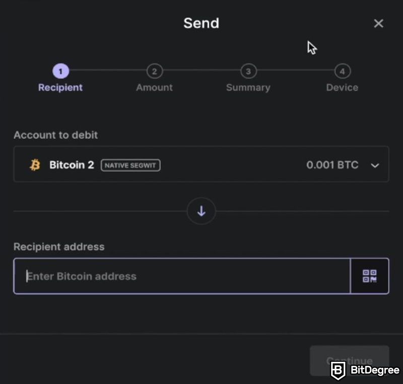 Como enviar Bitcoin para outra carteira: a página para inserir detalhes de transferência ao enviar BTC usando o aplicativo Ledger Live.