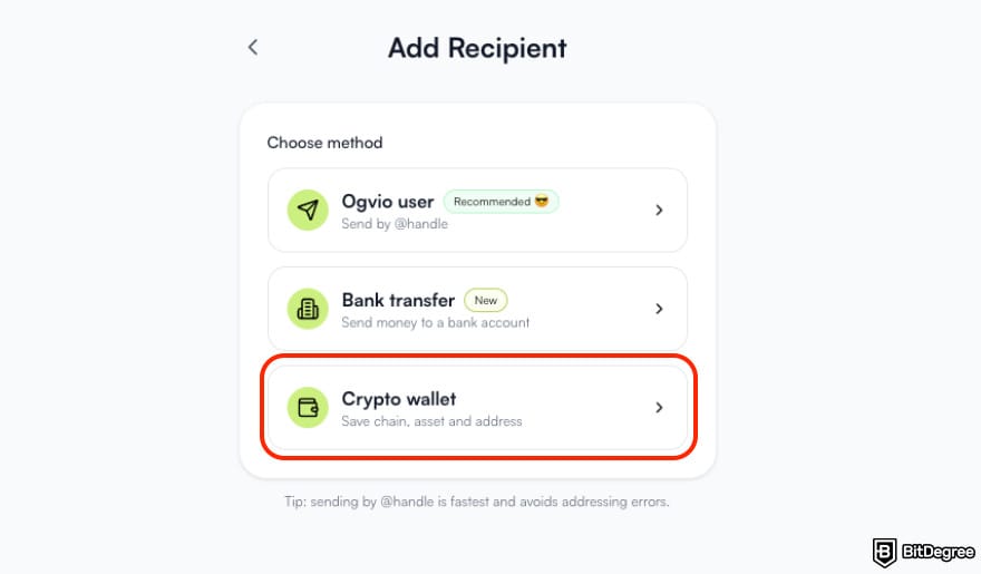 How to send Bitcoin to another wallet: the [Crypto wallet] button when adding a recipient on Ogvio.