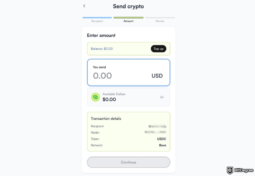 How to send Bitcoin to another wallet: the window of sending crypto to another Ogvio user.