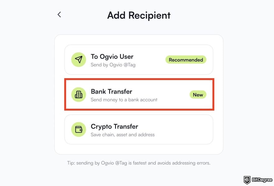 How to send money from Canada to Nigeria: the [Bank Transfer] menu on Ogvio.