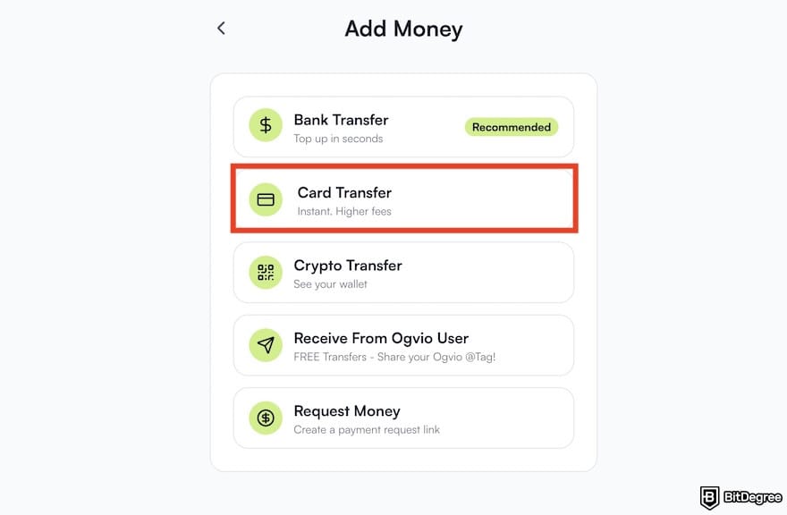How to send money from Canada to Nigeria: the [Card Transfer] menu on Ogvio outlined.