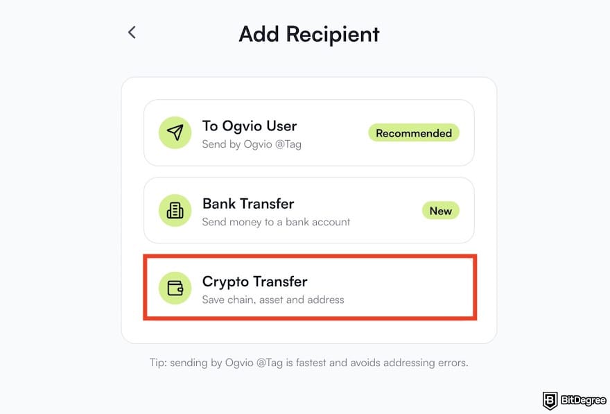 How to send money from Canada to Nigeria: the [Crypto Transfer] menu on Ogvio outlined.