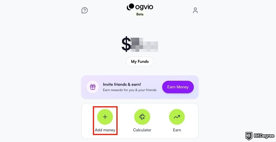 How to send money from Canada to Nigeria: the [Add money] icon on Ogvio's dashboard outlined.