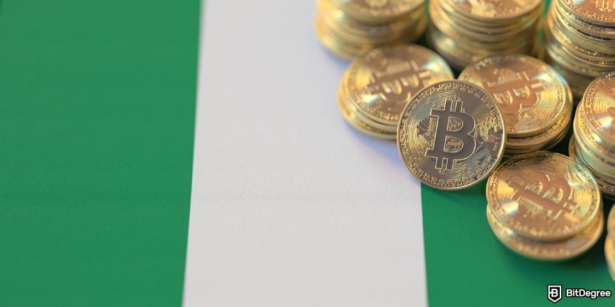 How to send money from India to Nigeria: golden BTC coins on a Nigerian flag.