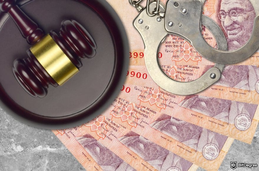 How to send money from India to Nigeria: Indian bank notes with a gavel and a pair of handcuffs.