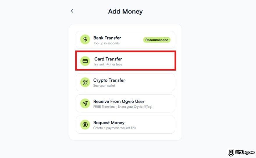 How to send money from India to Nigeria: a list of deposit methods on Ogvio with Card Transfer highlighted.