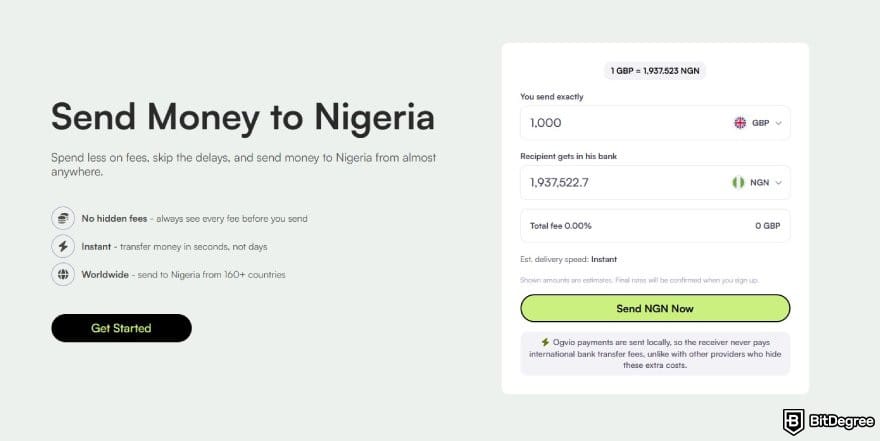 How to send money from India to Nigeria: Ogvio page for sending money to Nigeria.