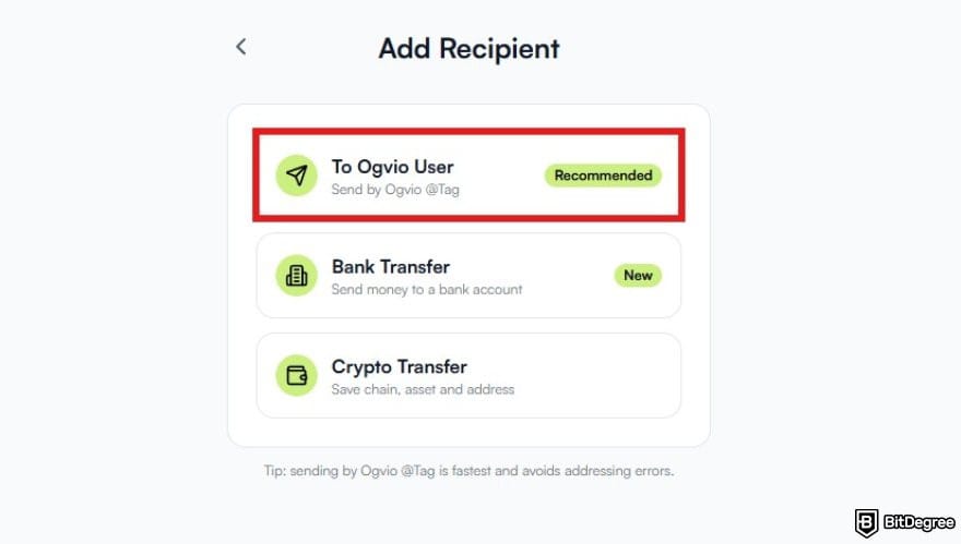 How to send money from India to Nigeria: a list of transfer methods available on Ogvio with Ogvio user highlighted.
