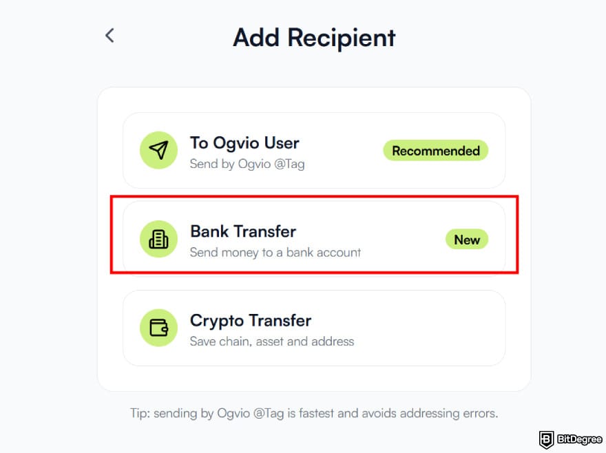 How to send money from UAE to Pakistan: [Bank Transfer] option under the Add Recipient menu on Ogvio.