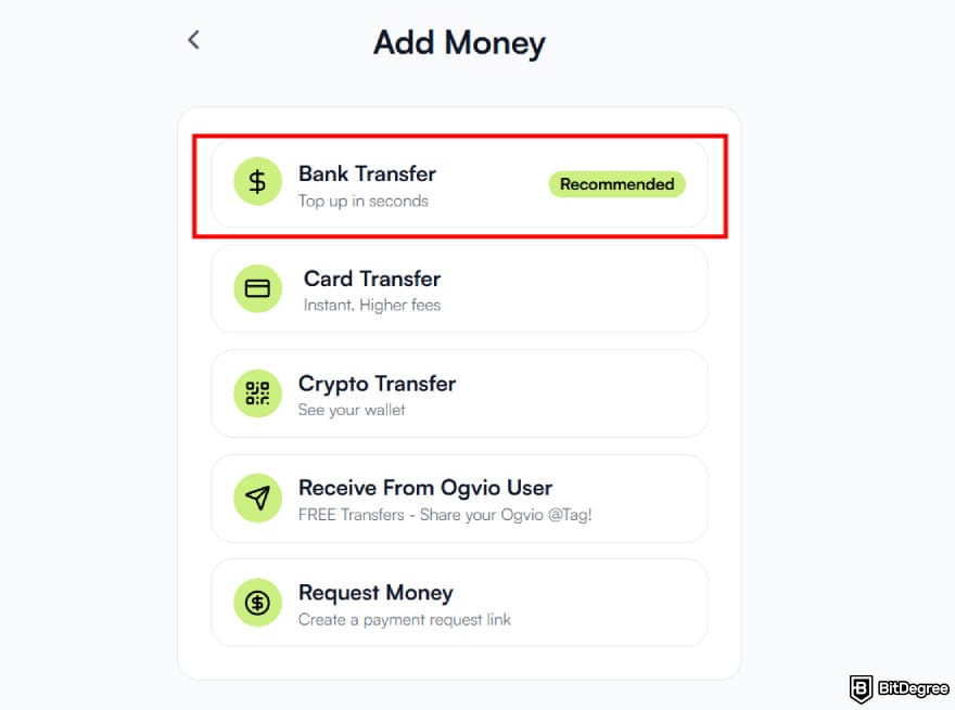 How to send money from UAE to Pakistan: the [Bank Transfer] option under Ogvio's Add Money menu.