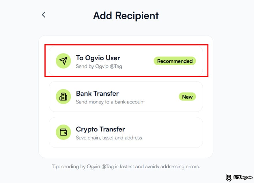 How to send money from UAE to Pakistan: [To Ogvio User] option under the Add Recipient menu.