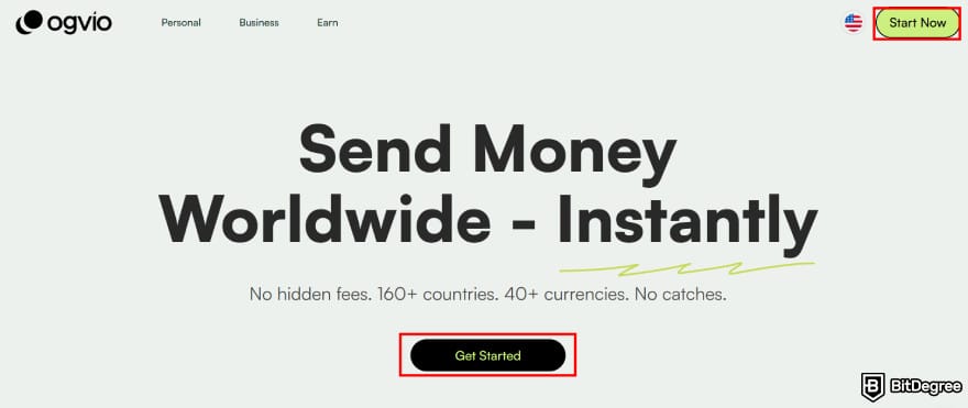 How to send money from UAE to Philippines: Ogvio's [Get Started] screen.