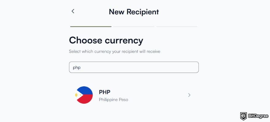 How to send money from UAE to Philippines: selecting PHP as the currency to send to an Ogvio recipient.