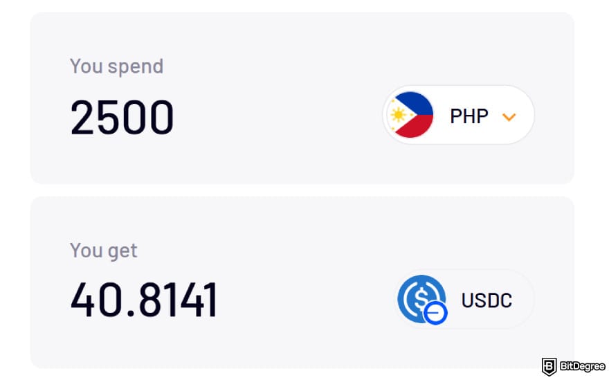 How to send money from UAE to Philippines: PHP to USDC conversion display.