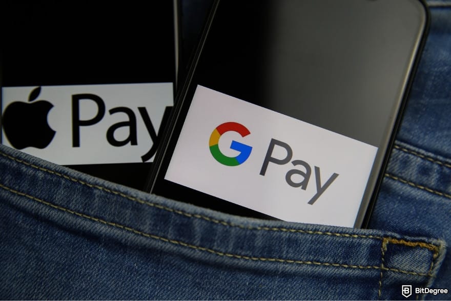 How to send money online: two phones in a jeans pocket with Apple Pay and Google Pay logos on the screen.