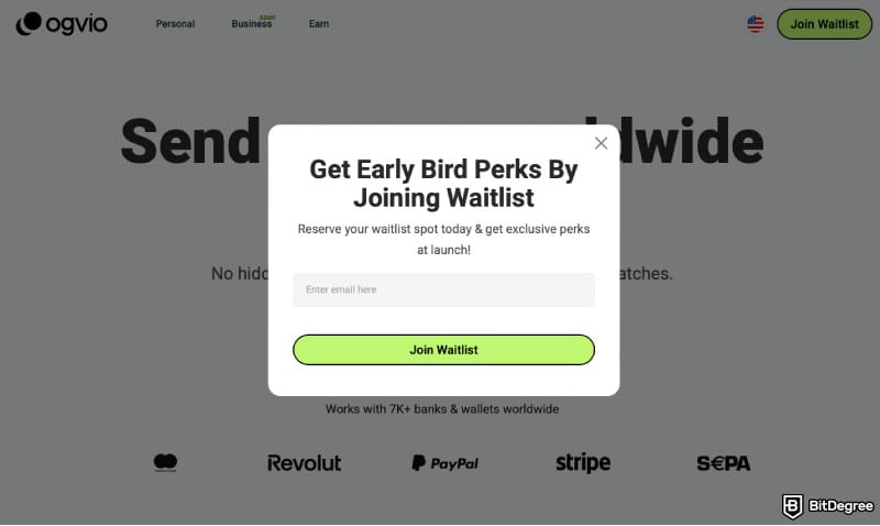 How to send money online: a screenshot of Ogvio waitlist panel.