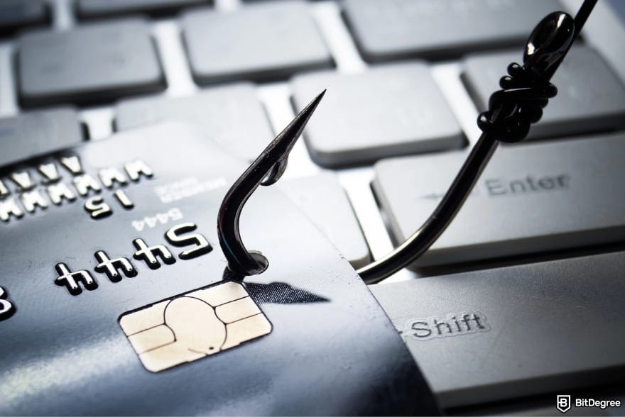 How to send money online: a fishing hook catching a credit card.