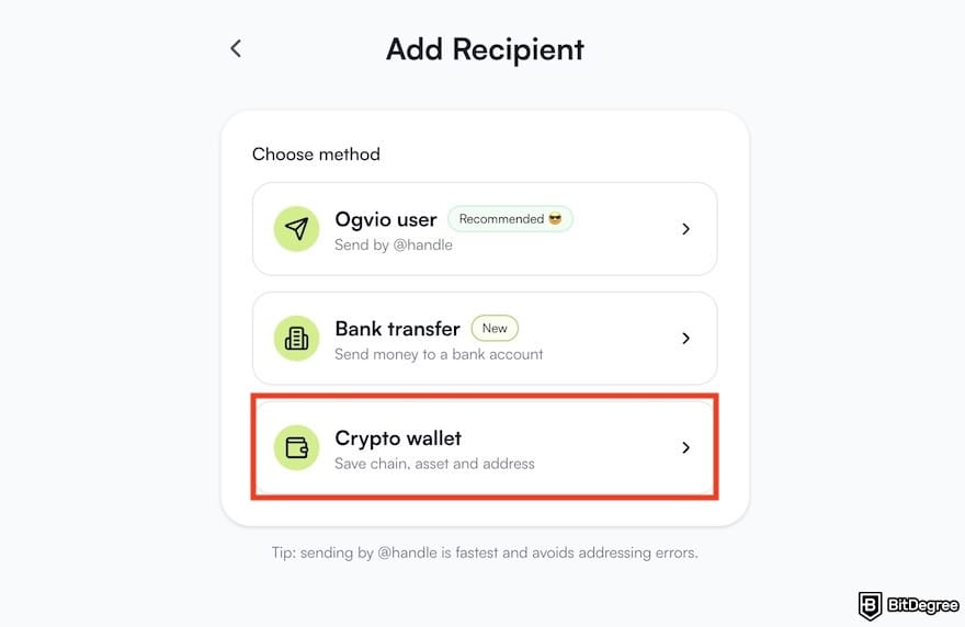 How to send money to Nigeria from UK: a list of Ogvio transfer methods, with the [Crypto wallet] menu highlighted.