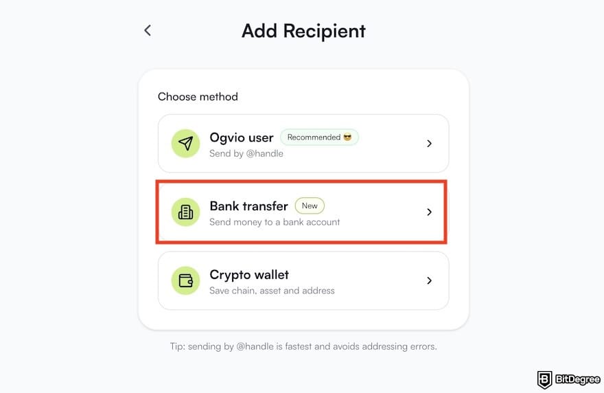 How to send money to Nigeria from UK: a list of Ogvio's transfer options, with [Bank transfer] highlighted.