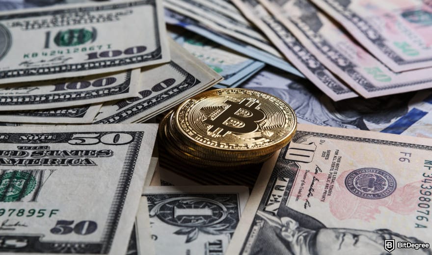 How to send money to someone without a bank account: Bitcoin on top of money to illustrate fiat and crypto trading.