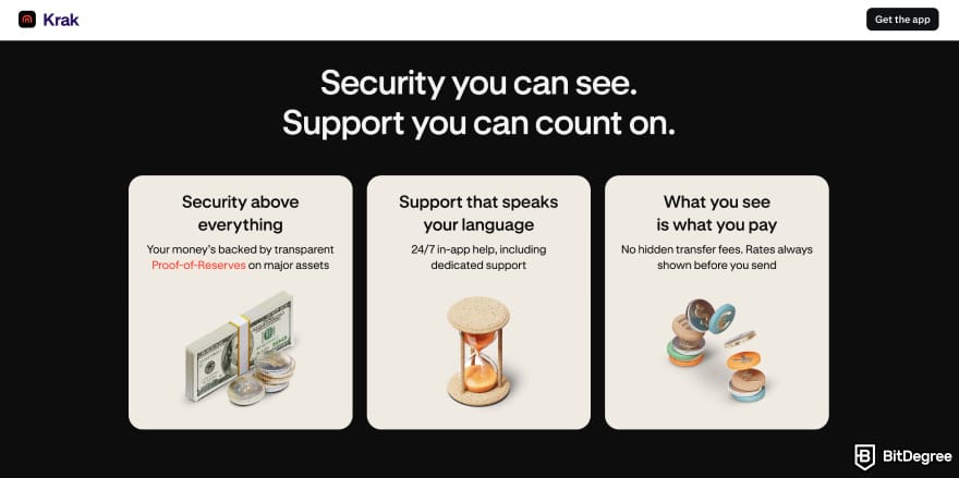 How to send money to someone without a bank account: Krak homepage highlighting the security features.
