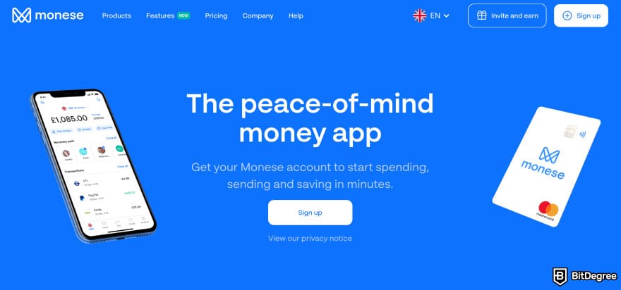 How to send money to someone without a bank account: Monese homepage.