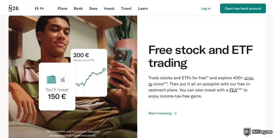 How to send money to someone without a bank account: N26 homepage highlighting ETF trading.