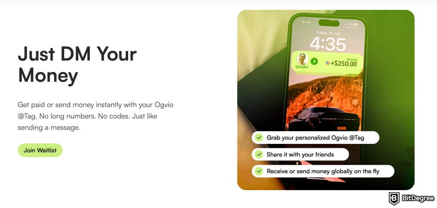How to send money to someone without a bank account: OGVIO homepage highlighting the username tag.