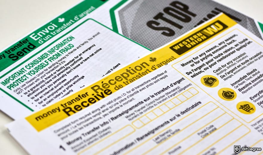 How to send money to someone without a bank account: Western Union money transfer paper.